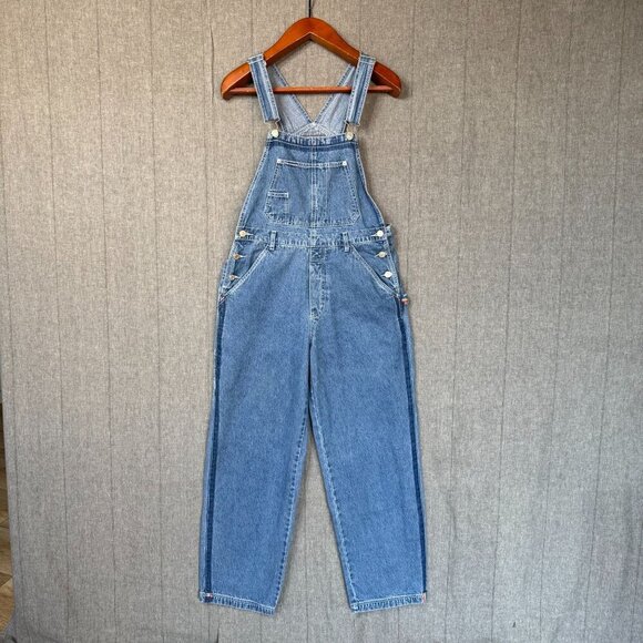 90s Vintage Revolt Blue Denim Rainbow Trim Straight Leg  Utility Overalls Size L - Picture 1 of 15